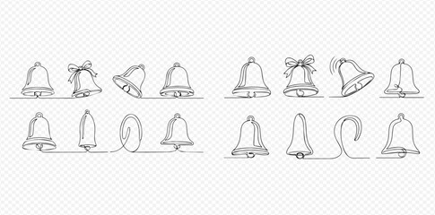 Continuous line art drawing of various Christmas and celebration bells.