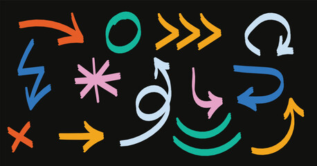 Brush stroke hand drawn arrows, lines, geometric shapes