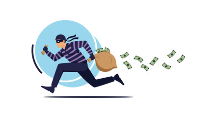 A cartoon illustration of a masked thief in a striped shirt running with a bag of money and money flying away.