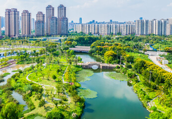 East Lake Ecological Sponge Park Aerial View with Urban Skyline