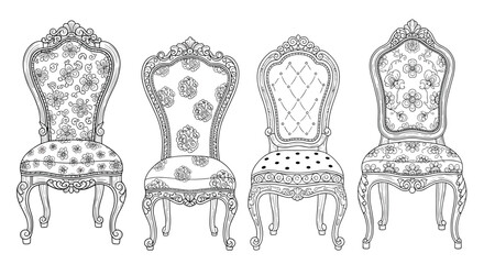 Collection of four ornate chairs with intricate floral and tufted upholstery.
