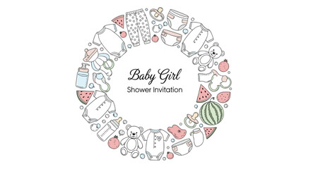 Circular baby shower invitation border with cute baby items and fruits.