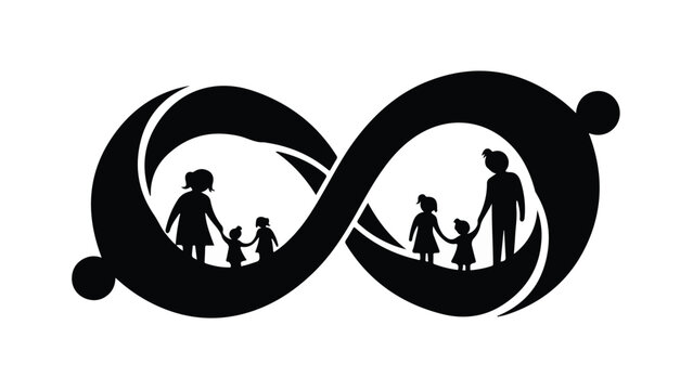 Family love and connection endlessly symbolized by a black infinity loop with silhouettes of parents and children.