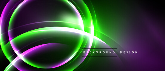 Bright neon lines form abstract shapes. Vivid purple, green hues dominate dark background. Modern design element.
