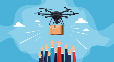 Drone delivery service drops package to eager crowd with hands raised in anticipation.