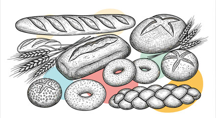 Variety of hand-drawn bread types, including baguettes, loaves, rolls, bagels, and a challah braid.