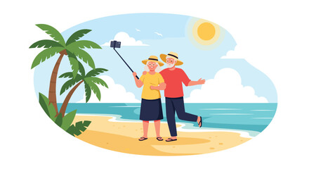 Elderly couple enjoys a sunny day at the beach taking a selfie together.