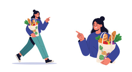 Woman holding a reusable grocery bag filled with fresh produce and bread, pointing to the side.