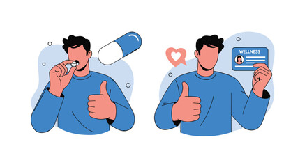 Man taking a pill and holding a wellness card with a thumbs up.