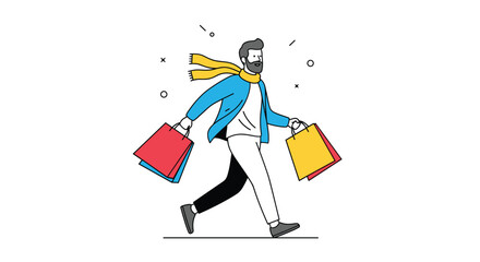Man with beard and scarf happily carries shopping bags in each hand.