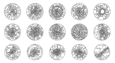Intricate City Mapping: A detailed array of circular designs featuring elaborate interconnected patterns. These detailed formations evokes a sense of complex networks, urban structures.