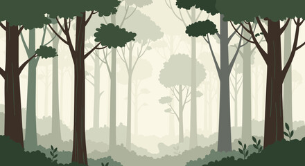 Stylized illustration of a misty forest with tall trees and dense foliage in muted green and brown tones.