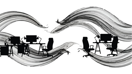 Modern office spaces with abstract artistic brushstrokes creating dynamic waves