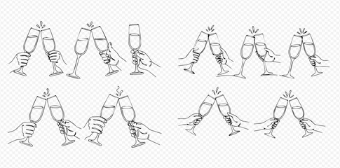 Hand-drawn sketches of hands holding and clinking champagne flutes, depicting celebration and toasts in a simple line art style.
