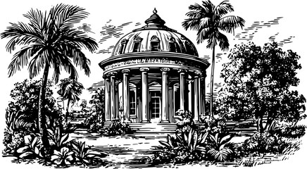 Dome building surrounded by palms and lush foliage. Vintage vector illustration depicting classic architecture in a garden set.
