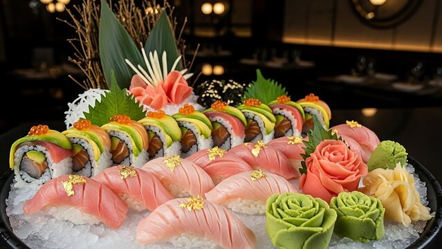 Delicious sushi platter with tuna nigiri, avocado rolls, and ginger flowers