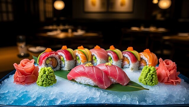 Delicious sushi platter with tuna nigiri and colorful maki rolls served on ice - Powered by Adobe