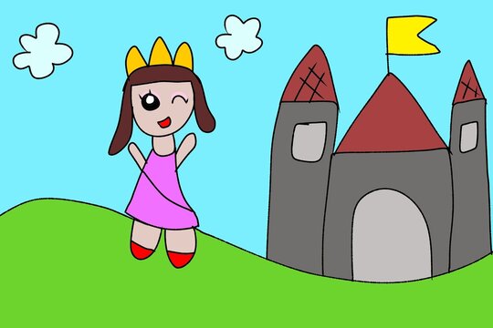 A little girl draws a princess and her castle
