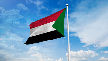 Realistic close-up of the Sudan flag waving on a tall flagpole under a bright sky with soft scattered clouds, showing smooth wind motion, vivid colors, and a strong atmosphere of national pride.
