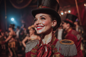 A smiling, beautiful female ringmaster under a spotlight and circus tent. Top hat and epaulettes. Audience and performers in the background
