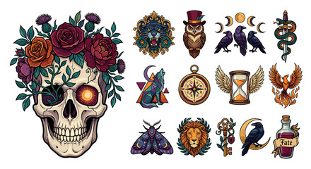 Colorful tattoo designs including a skull with flowers and various symbols on a white background in a flat lay composition with vibrant and eclectic mood.