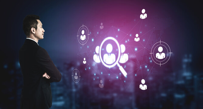 Concept of global talent acquisition and human resources. The process of headhunting and searching for qualified candidates worldwide to build a professional corporate workforce. Fermion