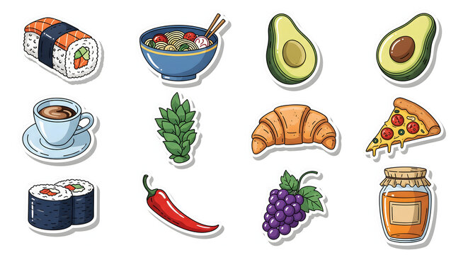 A Feast for the Eyes: A delightful collection of culinary icons, from sushi to avocado, coffee, and more. A visual menu of tempting food.