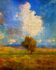 Impressionist landscape artwork transformed into detailed jigsaw puzzle texture, vibrant countryside scene with blue sky, clouds and lone tree rendered in colorful painterly style
