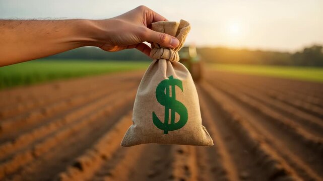 A hand holding a money bag with a dollar sign in a field, symbolizing agribusiness loans and financial support for farming. 
