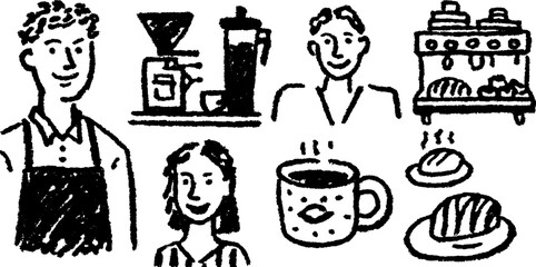 Coffee and bakery set illustration featuring a barista and customers in a cozy cafe. This modern vector artwork captures a friendly atmosphere.