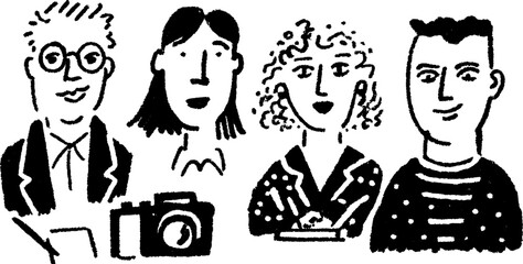 Group of characters in a monochrome vector illustration. Modern design showing professionalism and creativity in this artistic set.