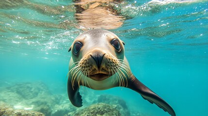 Playful california sea lion swimming underwater in vibrant baja reef