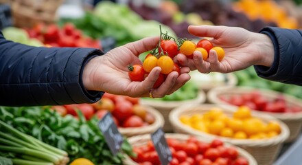 Person buying fresh cherry tomatoes at local farmers market