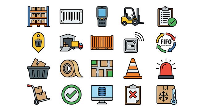 A set of colorful icons representing various aspects of logistics, warehousing, and supply chain management.
