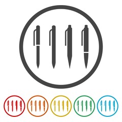 Pen icons set. Set icons in color circle buttons