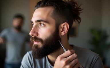 Man having his beard cut. High quality