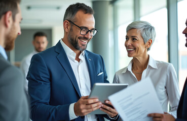 Business team work together on project in office. Man holds tablet, woman holds documents, smile. People talking, collaborating in modern workspace. Corporate business concept for presentation blog.