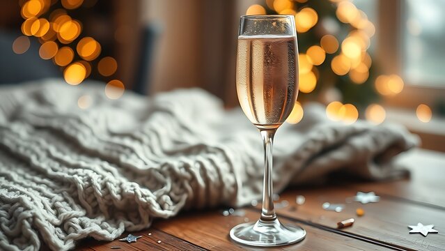 dcf. A champagne flute with golden bubbles on a wooden table beside a cozy blanket and festive confetti. bar promotions, beverage menus, designed for food & beverage menus and cafe branding.