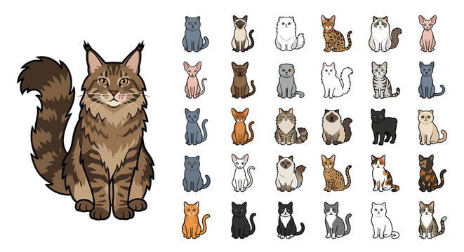 A detailed illustration of a large cat next to a collection of various cat breeds.