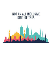 Obraz premium City skyline illustration in vibrant colors with travel quote 