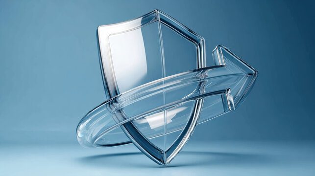 Transparent glass shield icon surrounded by a protective arrow symbolizing digital cybersecurity safety