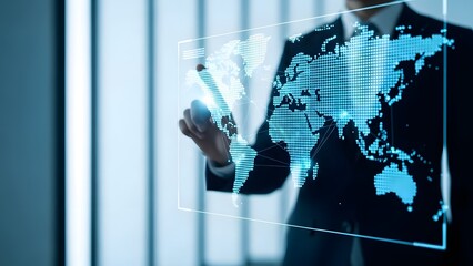 Businessman interacting with a futuristic world map on a transparent screen