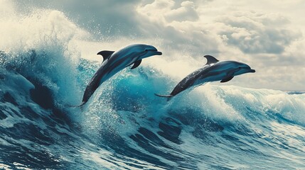 Playful dolphins leaping over ocean waves in hawaii, pacific ocean marine wildlife scene