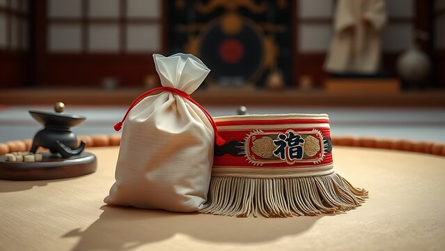 dohyo. Salt pouch and decorative belt on a sumo ring, traditional Japanese elements, ceremonial arrangement. event key visuals.