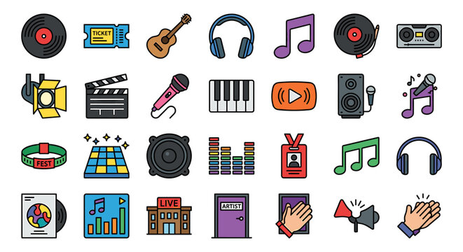 A collection of colorful vector icons related to music, entertainment, and performance arts, arranged in rows.