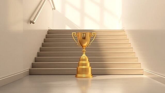 middleground. A golden trophy rests on a central staircase step, symbolizing achievement with elegant lighting and a minimalist polished metal surface. event key visuals.