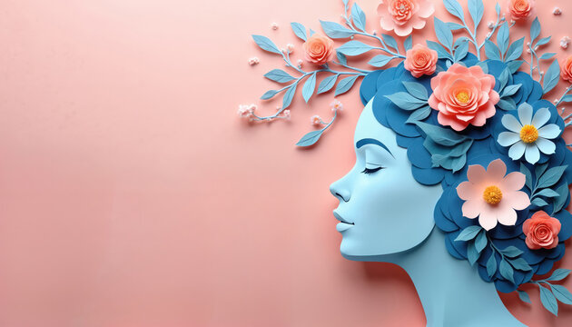 Paper art profile of woman with blue hair adorned with paper flowers, leaves. Gentle pastel colors evoke springtime beauty, maternal themes. Creative graphic represents floral elegance, peaceful - Powered by Adobe