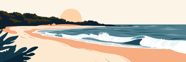 Minimalist calm beach coastline with rolling ocean waves under sunrise or sunset sky vector flat illustration on white background