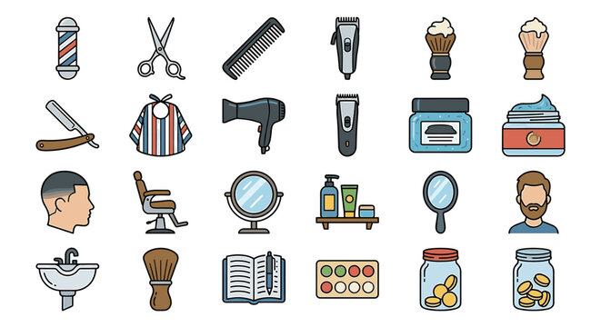 A collection of barber shop tools and grooming items, displayed as icons.