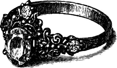 Vintage ring design showcasing ornate engraving and intricate craftsmanship. The black and white illustration captures the elegance in vector style.